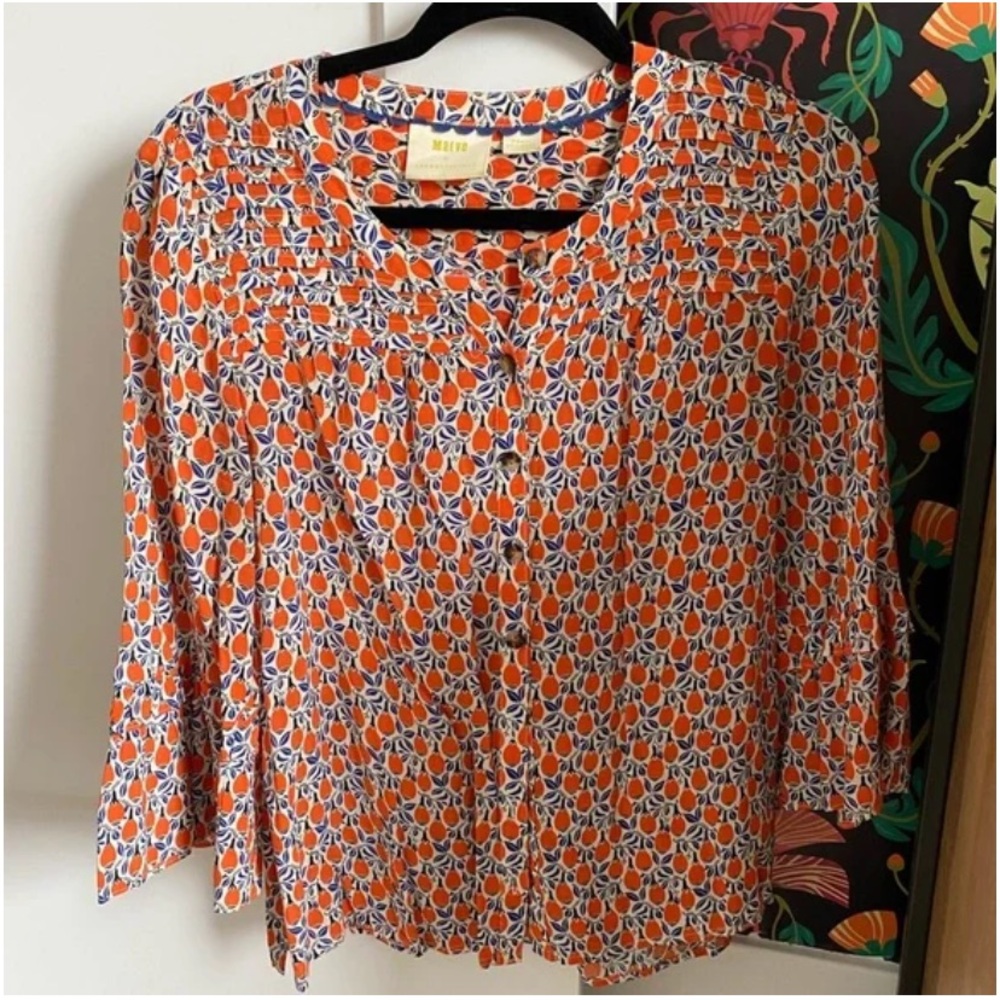 NWOT Anthropologie Maeve Orange Print Flare Sleeve Spring Summer Top Blouse S